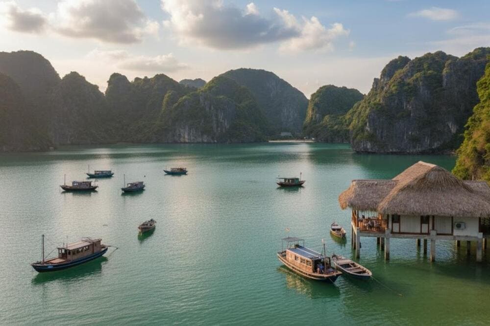 Bãi tắm Vạn Bội được bao quanh bởi những dãy núi đá vôi và rừng cây xanh